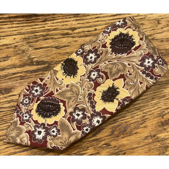 ROBERT TALBOTT Studio Men's Silk Necktie USA Designer Bold Floral, Gold/Burgundy - Picture 1 of 7